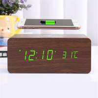 High Quality Logo Desk Creativity Digital Clock Wooden Wireless Qi Charger Box with Alarm